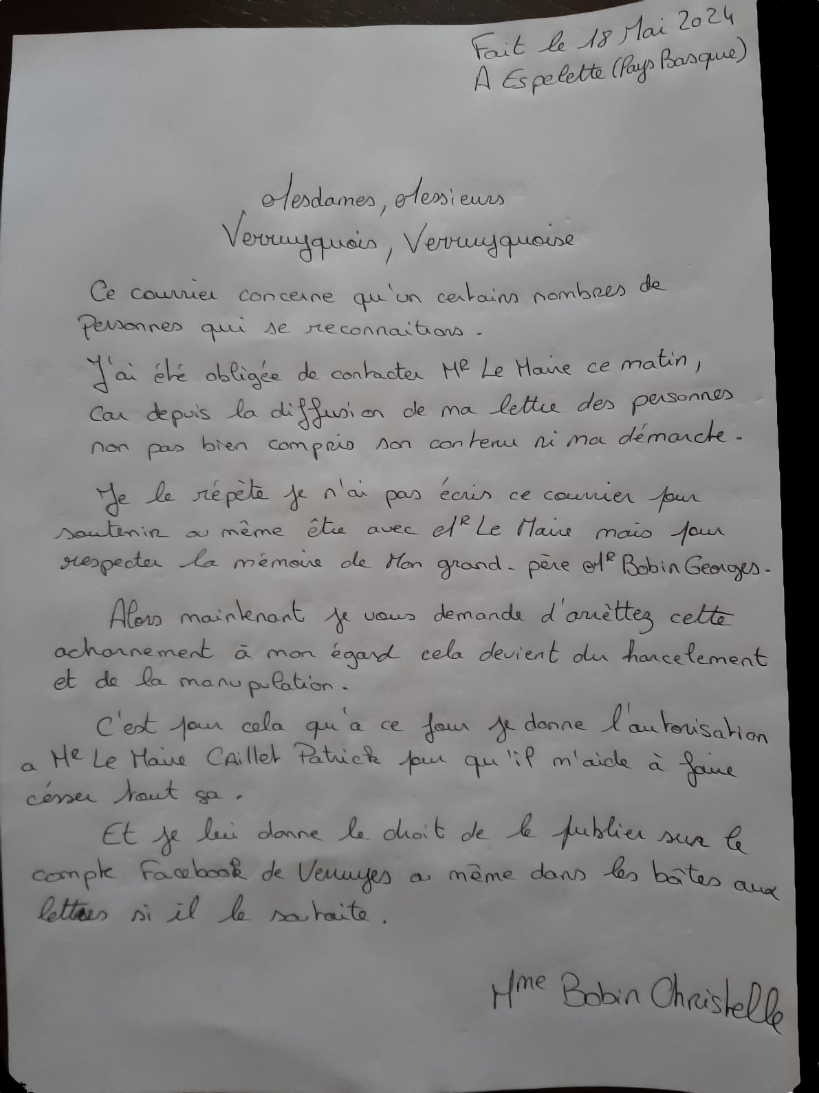 Lettre plainte Christelle Bobin